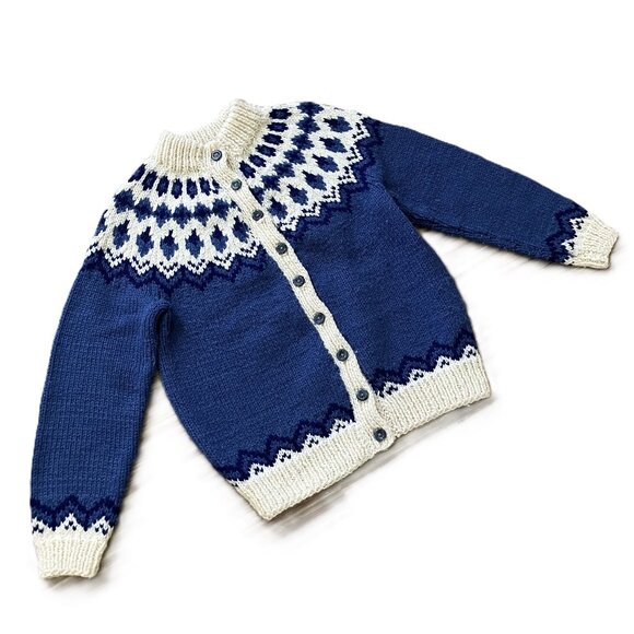 Vintage Hand Knit Fair Isle Cardigan Sweater Blue/Cream Acrylic Women's Medium - Picture 3 of 6